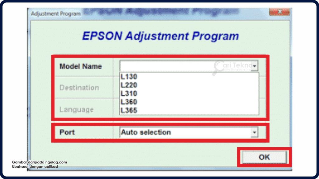 pilih jenis printer di bahagian model name mengikut printer yang digunakan iaitu epson l310